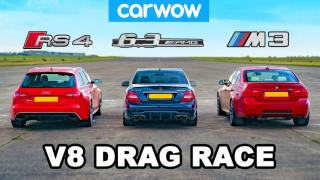 Яростна драг битка между Audi RS4, BMW M3 и Mercedes-Benz C63 AMG ВИДЕО