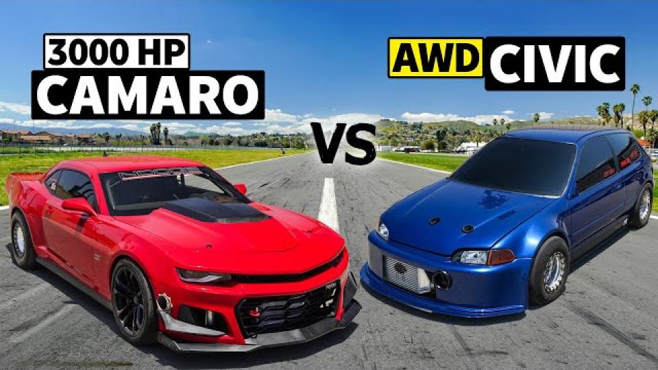 Дуел: Chevrolet Camaro с 3000 конски сили срещу Honda Civic с 900 конски сили ВИДЕО