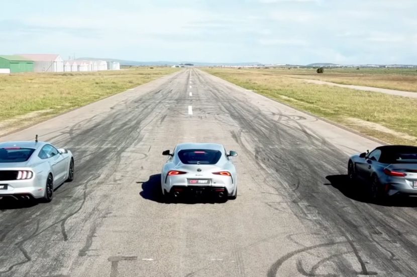 Автобитка: Toyota GR Supra срещу BMW Z4 M40i и Ford Mustang GT ВИДЕО