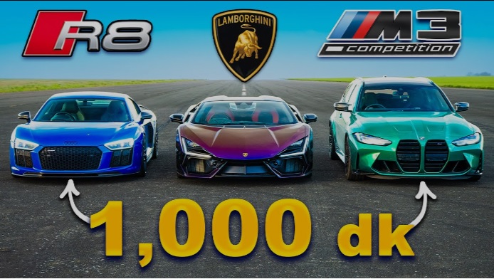 Драг битка между супермощните Lamborghini Revuelto, BMW M3 и Audi R8 ВИДЕО