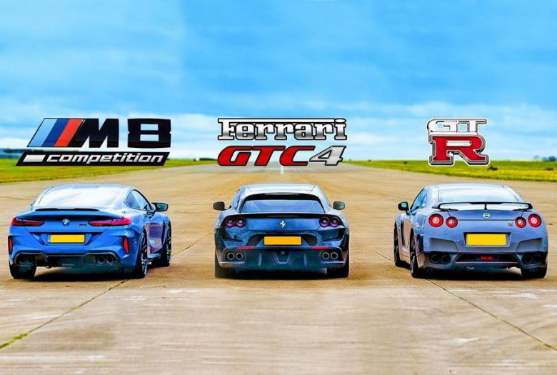 Адска драг гонка: Новият BMW M8 срещу Ferrari GTC4 и Nissan GT-R ВИДЕО