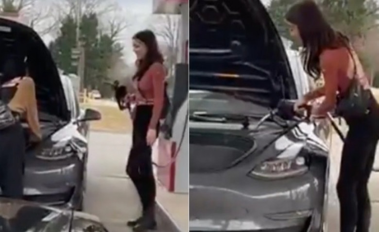 Уникално ВИДЕО: Вижте как две млади жени се опитват да заредят Tesla с бензин