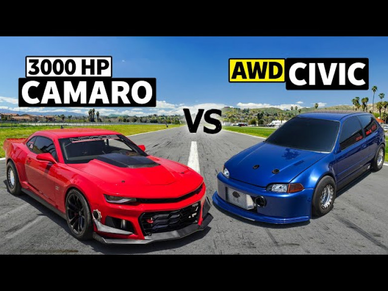 Дуел: Chevrolet Camaro с 3000 конски сили срещу Honda Civic с 900 конски сили ВИДЕО