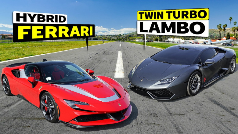 Супер хибрид на Ferrari предизвиква модифицирано Lamborghini на драг битка ВИДЕО